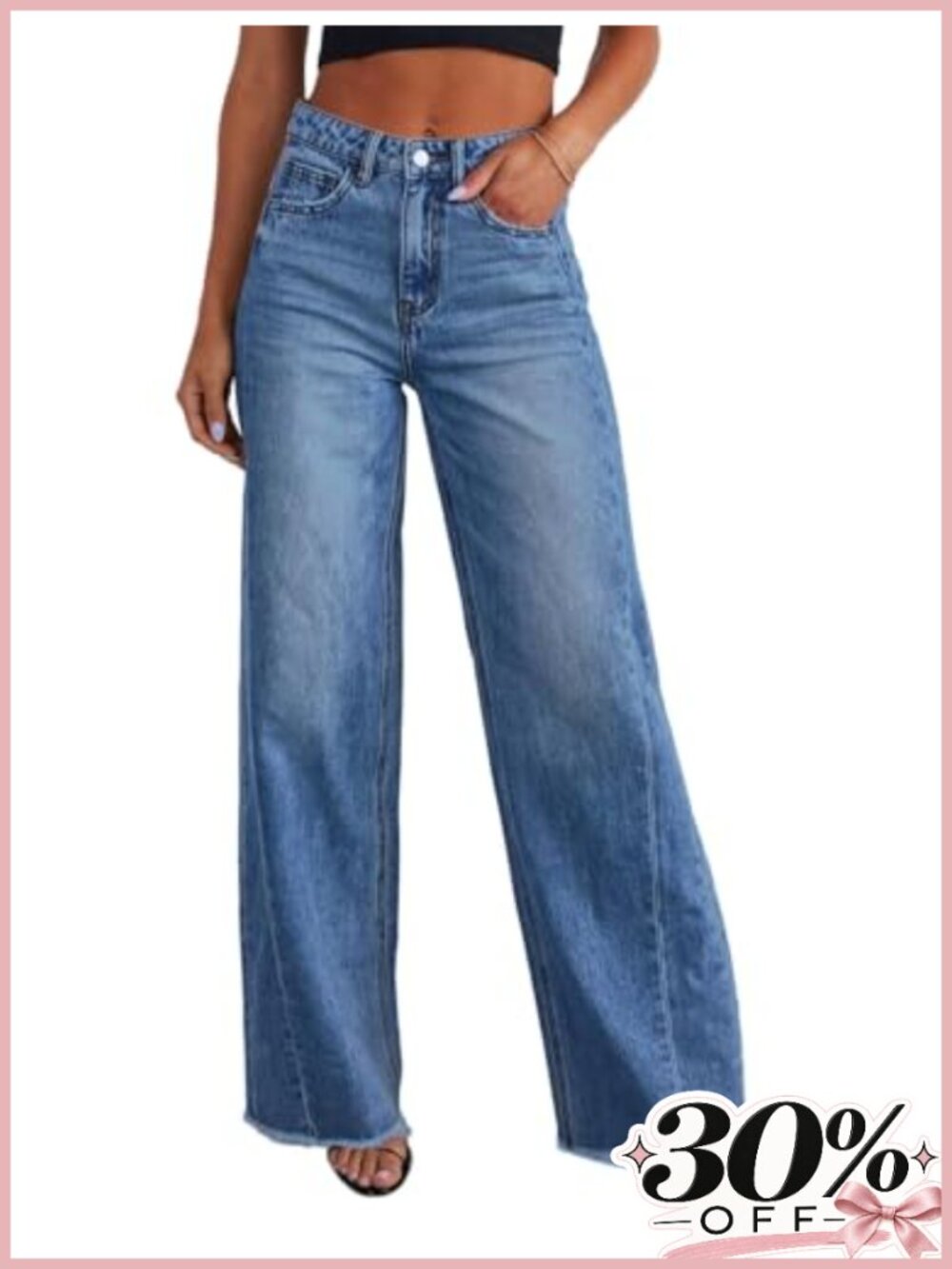 High Waisted Wide Leg Stretchy Denim Jeans Raw Hem Loose Fit